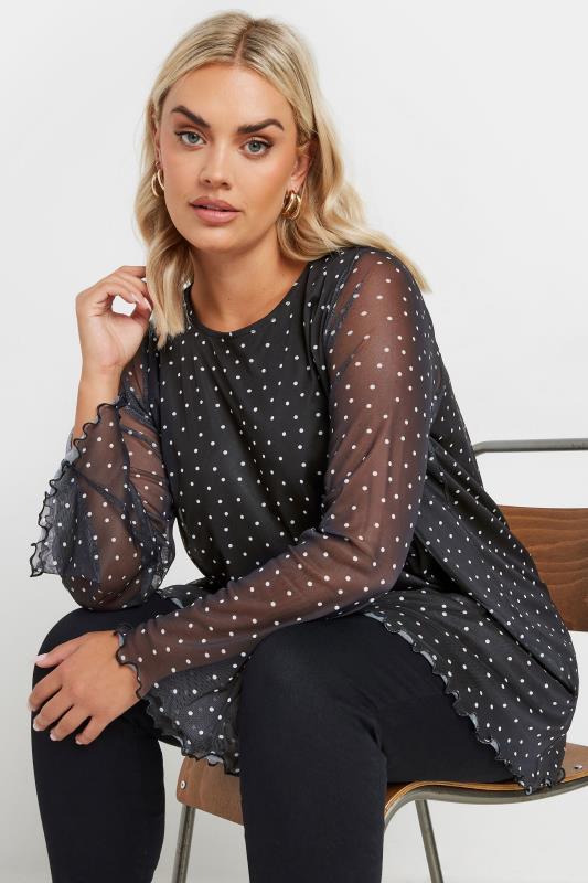 YOURS Plus Size Black Polka Dot Mesh Top Yours Clothing