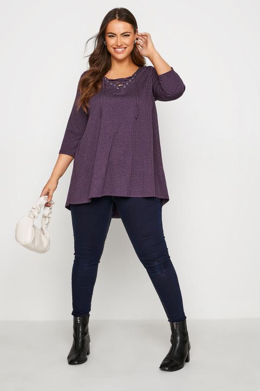 Plus Size Purple Polkadot Lace Up Top  | Yours Clothing 2