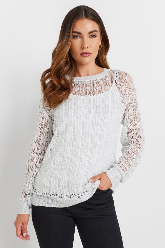 LTS Tall Women's Light Grey Metallic Crochet Jumper | Long Tall Sally 1