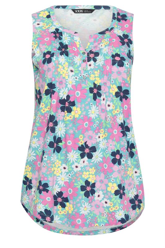 YOURS Plus Size Blue Floral Print Pintuck Henley Vest Top | Yours Clothing 5