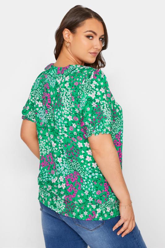 YOURS LONDON Curve Green Floral Shirred Frill Top_C.jpg