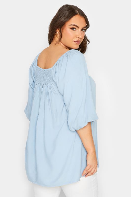 YOURS Plus Size Blue Shirred Neck Gypsy Top | Yours Clothing 3