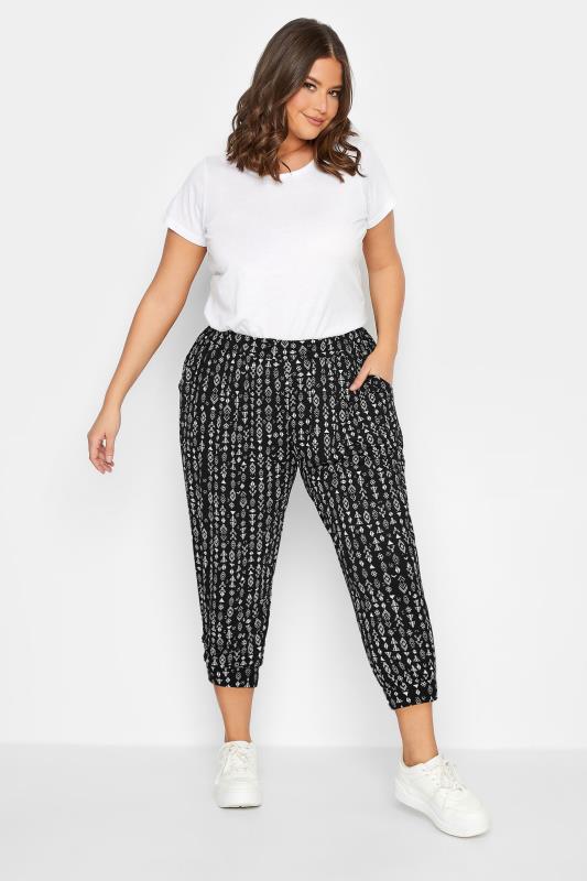 YOURS Curve Plus Size Black Aztec Print Cropped Harem Trousers | Yours Clothing  2