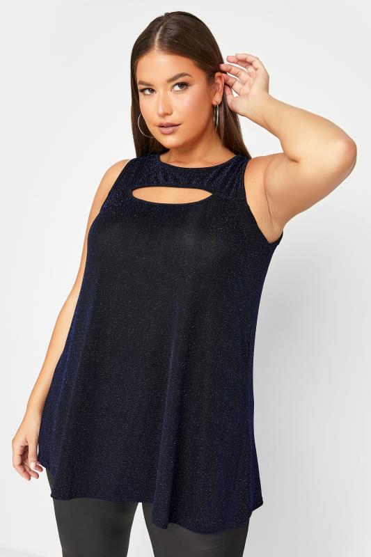 Curve Blue Cut Out Glitter Swing Vest Top | Yours Clothing 1