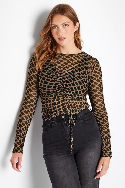 LTS Tall Brown Chain Print Ruched Front Mesh Top 1
