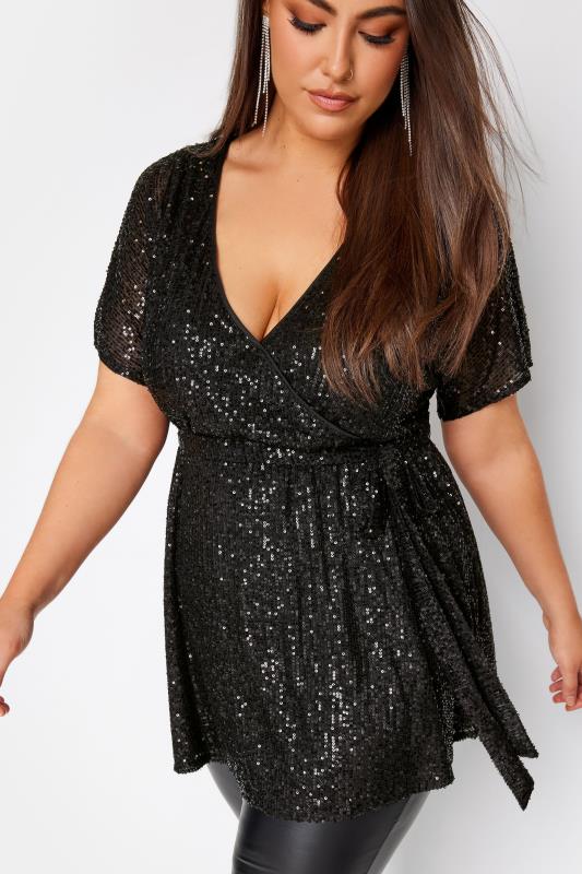 YOURS LONDON Plus Size Black Sequin Short Sleeve Wrap Top | Yours Clothing 4