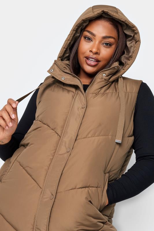 YOURS Curve Brown Quilted Longline Hooded Gilet | Yours Clothing 6