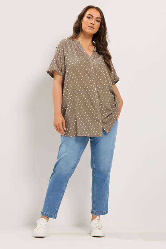 YOURS Curve Mocha Brown Notch Neck Dobby Blouse | Yours Clothing 1