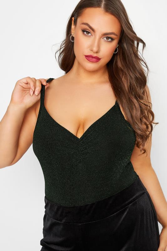 LIMITED COLLECTION Plus Size Green Glitter Ruched Bodysuit | Yours Clothing 4