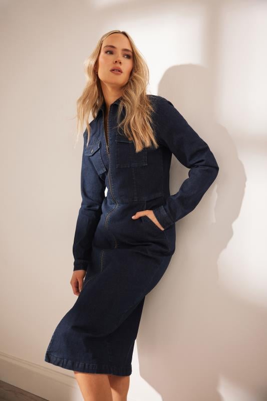 LTS Tall Navy Blue Denim Zip Through Dress | Long Tall Sally 1