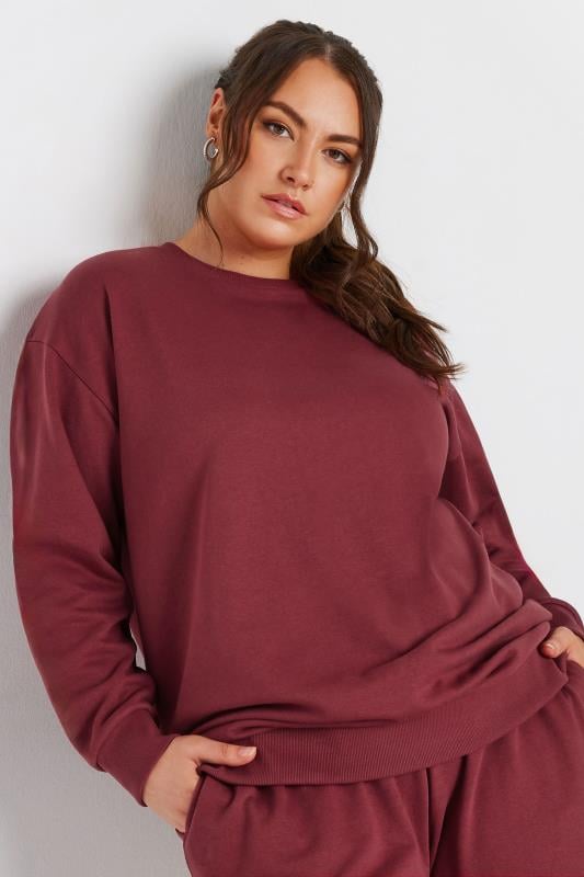 Plus Size  YOURS Curve Washed Burgundy Red Crew Neck Sweatshirt