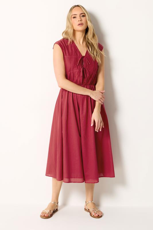 LTS Tall Women's Berry Red Tie Front Cotton Midi Dress | Long Tall Sally 1