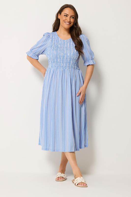 YOURS Plus Size Blue Shirred Stripe Dress | Yours Clothing 1