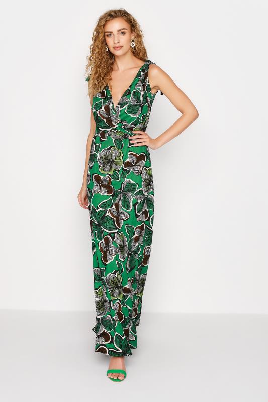 LTS Tall Green Tropical Print Shoulder Tie Maxi Dress 1