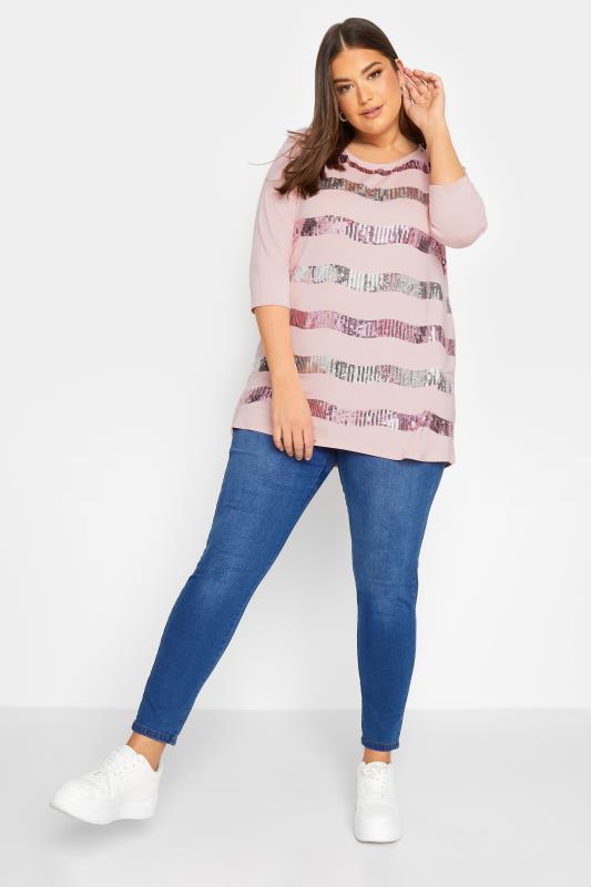 YOURS Plus Size Pink Sequin Stripe Top | Yours Clothing 2