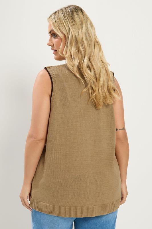 YOURS Plus Size Natural Brown Contrast Trim Knitted Waistcoat | Yours Clothing 2