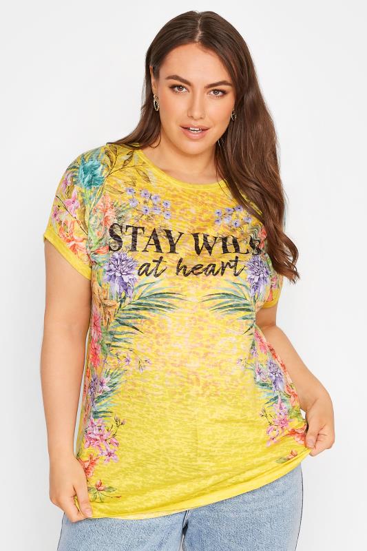 Plus Size Yellow 'Stay Wild At Heart' Floral Printed Slogan T-Shirt | Yours Clothing 1