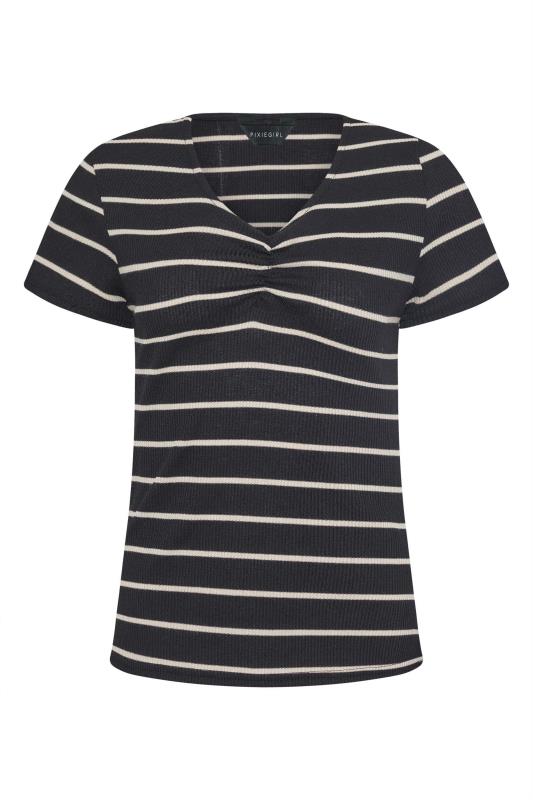 Petite Black Stripe Print Ruched Front T-Shirt | PixieGirl 6