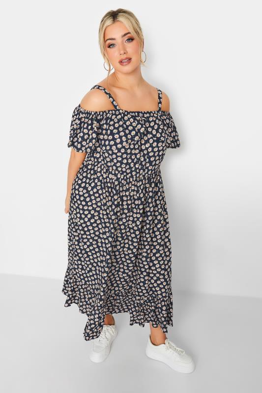 LIMITED COLLECTION Curve Navy Blue Daisy Print Cold Shoulder Dress | Yours Clothing  3