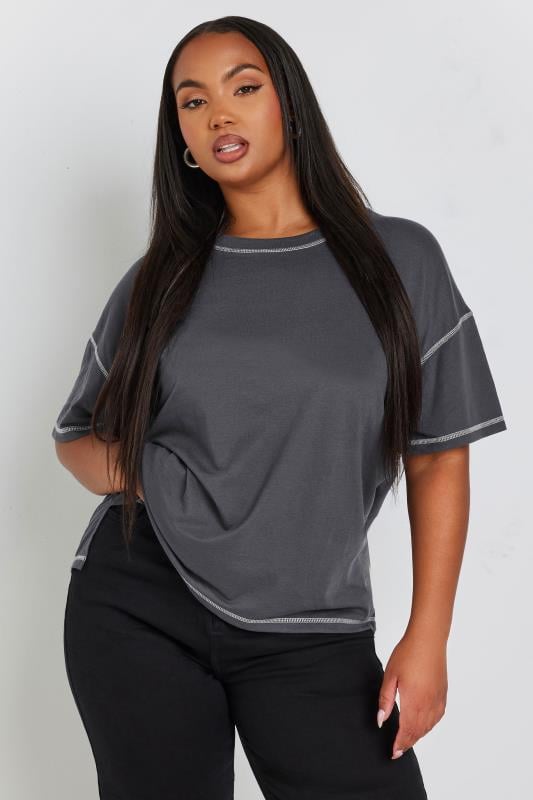 Plus Size  YOURS Curve Grey Contrast Stitch T-Shirt