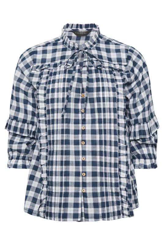 Petite Navy Blue Check Frill Shirt | PixieGirl 8