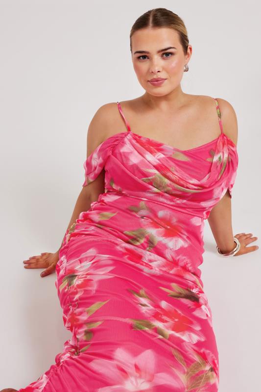 YOURS LONDON Plus Size Pink Floral Print Cold Shoulder Dress | Yours Clothing 1