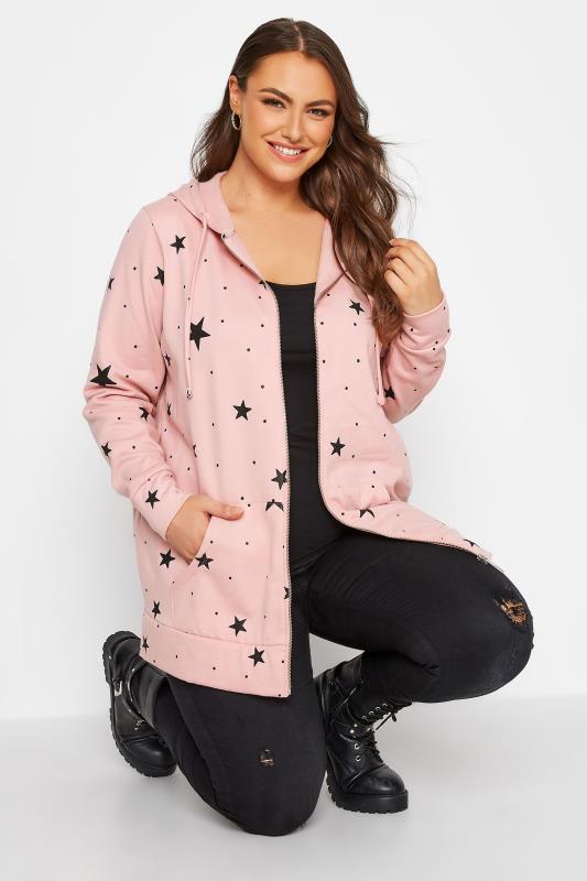 Plus Size  YOURS Curve Pink Star Print Zip Hoodie