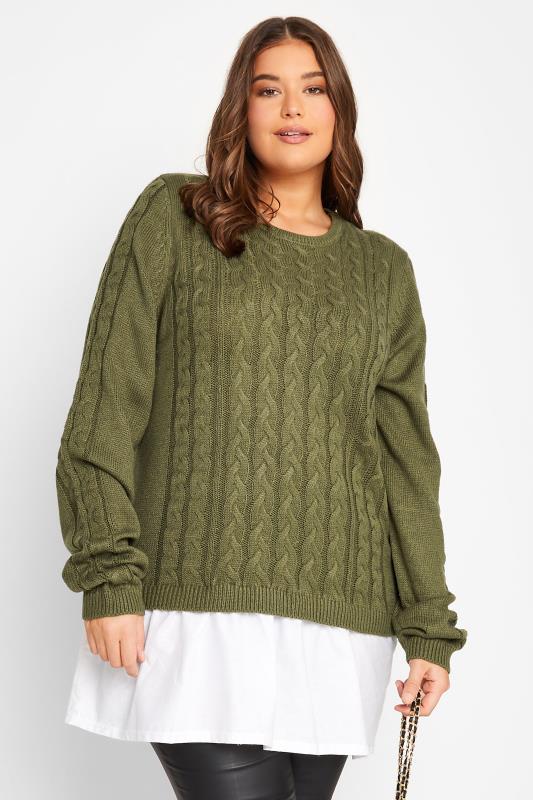 Grande Taille LTS Tall Khaki Green 2 In 1 Cable Knit Shirt Jumper
