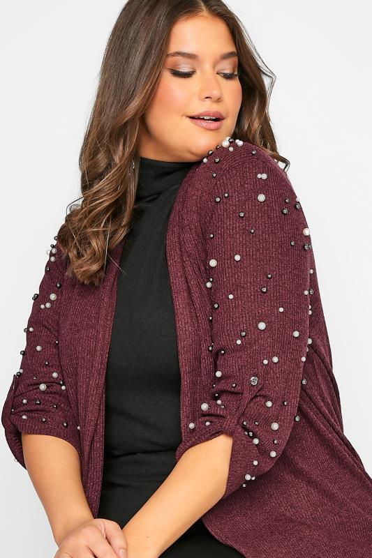 Plus Size  YOURS Curve Burgundy Pearl Embellished Sleeve Cardigan