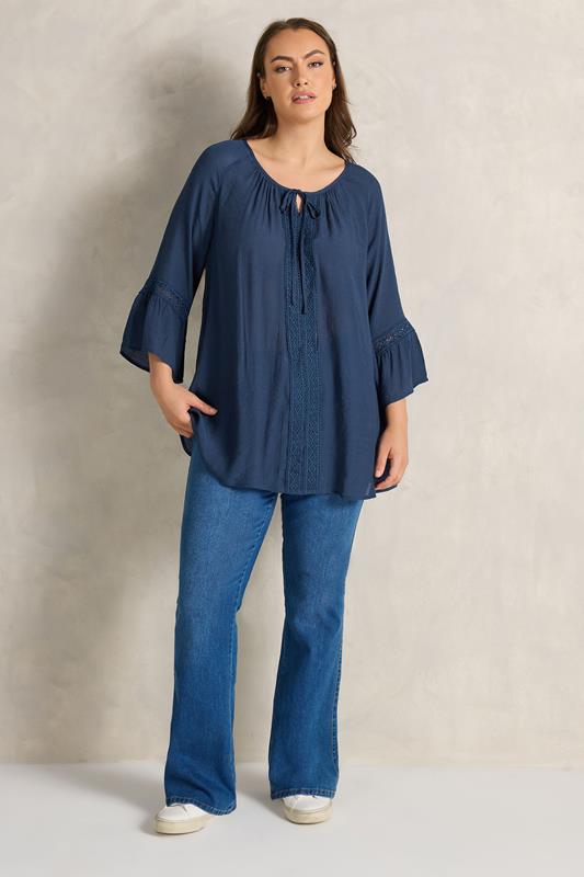 EVANS Plus Size Navy Blue Crochet Detail Tie Neck Blouse | Evans  2