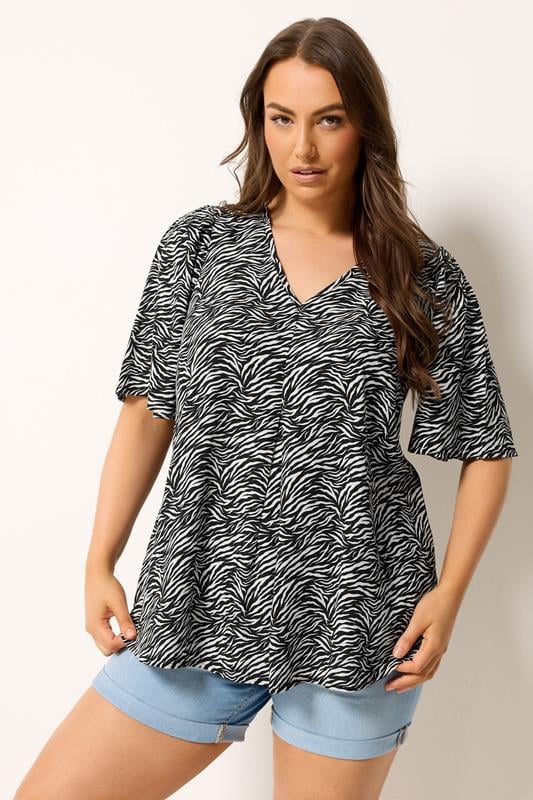  YOURS zwarte blouse met zebraprint en hals met inkeping