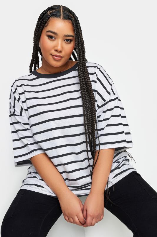 YOURS Plus Size Light Grey Stripe Oversized Boxy T-Shirt | Yours Clothing 1