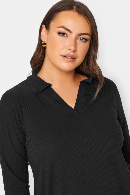 Curve Black Long Sleeve Ribbed Collar Top | Yours Clothing 4
