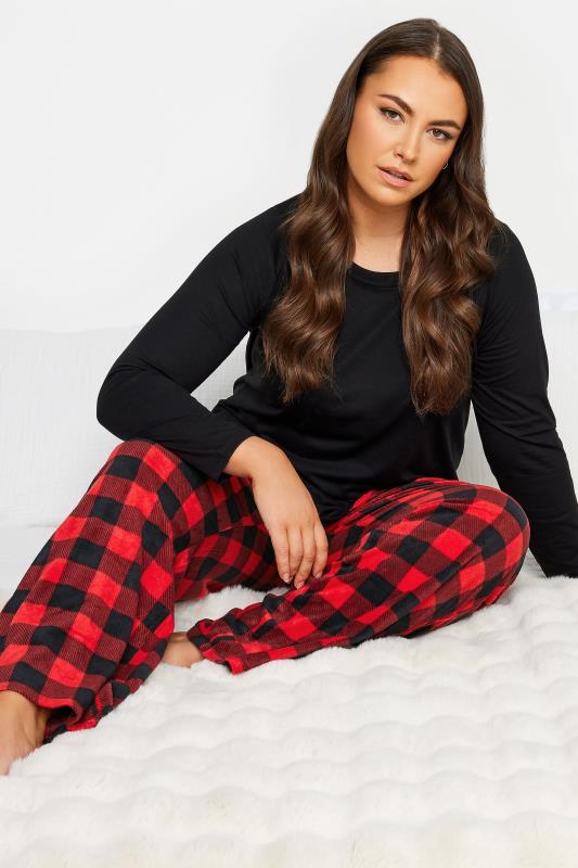 YOURS Curve Plus Size Red Tartan Print Fleece Pyjama Bottoms | Yours Clothing  1