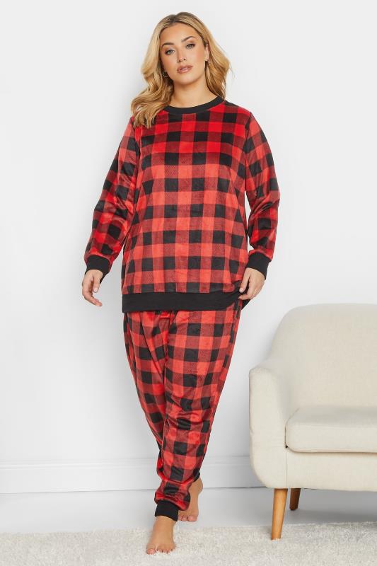 Plus Size Black & Red Check Print Fleece Lounge Set | Yours Clothing 3