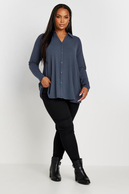 YOURS Plus Size Slate Grey Ribbed Collared Top | Yours Clothing 2