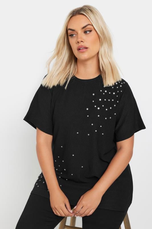 Plus Size  YOURS Curve Black Textured Diamante T-Shirt