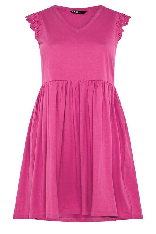 YOURS Plus Size Pink Broderie Anglaise Peplum Dress | Yours Clothing 5