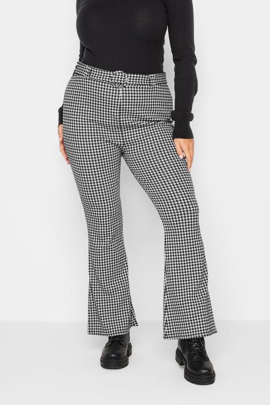 LIMITED COLLECTION Curve Black & White Dogtooth Belted Spilt Hem Flare Trousers | Yours Clothing  1