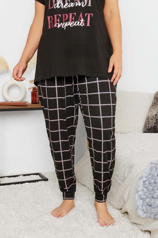 Curve Plus-Size Black & Pink Check Cuffed Pyjama Bottoms | Yours Clothing 1