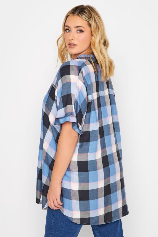 YOURS Plus Size Curve Blue & Pink Check Short Sleeve Shirt | Yours Clothing  3