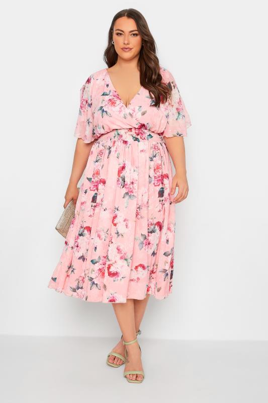 YOURS LONDON Plus Size Curve Pink Angel Sleeve Floral Shirred Dress | Yours Clothing  2