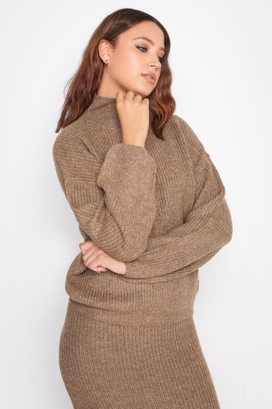 LTS Tall Beige Brown Funnel Neck Knitted Jumper | Long Tall Sally  1