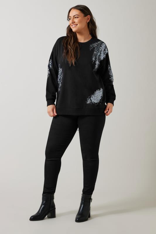 EVANS Plus Size Black & Silver Sequin Embellished Sweatshirt | Evans 2