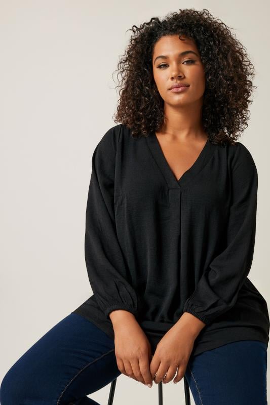 EVANS Plus Size Black Pleat Front Long Sleeve Blouse | Evans 1