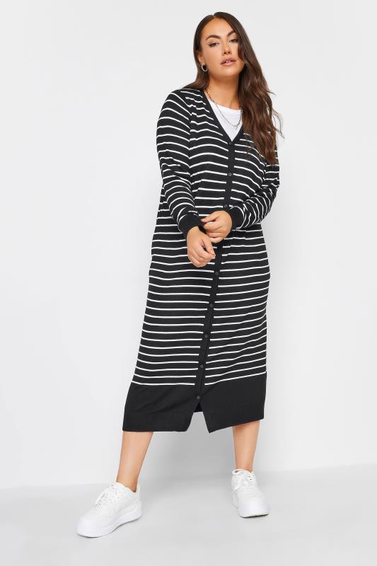 YOURS Plus Size Black Stripe Print Maxi Cardigan | Yours Clothing 1