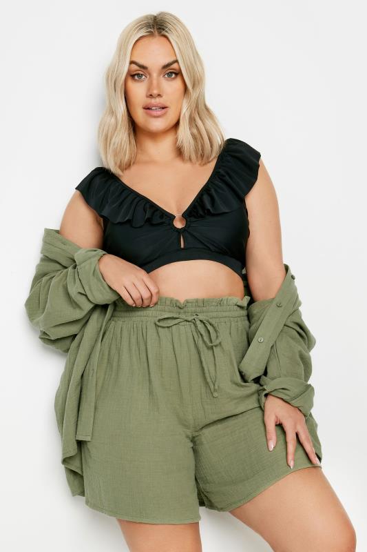 YOURS Plus Size Khaki Green Cheesecloth Shorts | Yours Clothing 3