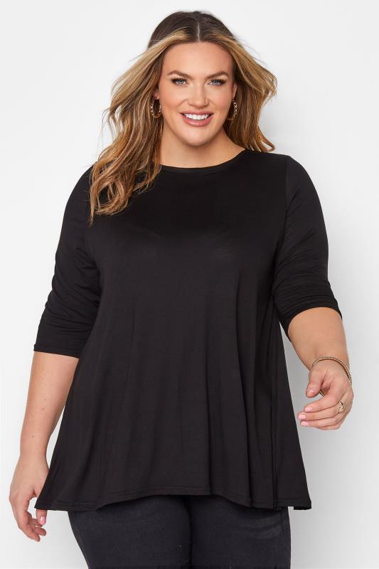 Plus Size Black Envelope Neck Swing Top | Yours Clothing 1