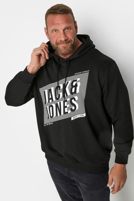 JACK & JONES Big & Tall Black Diagonal Logo Print Hoodie | BadRhino 1