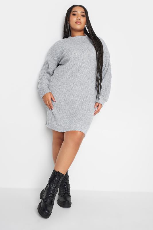 YOURS Plus Size Grey Soft Touch Ribbed Knitted Jumper Dress | Yours Clothing 1